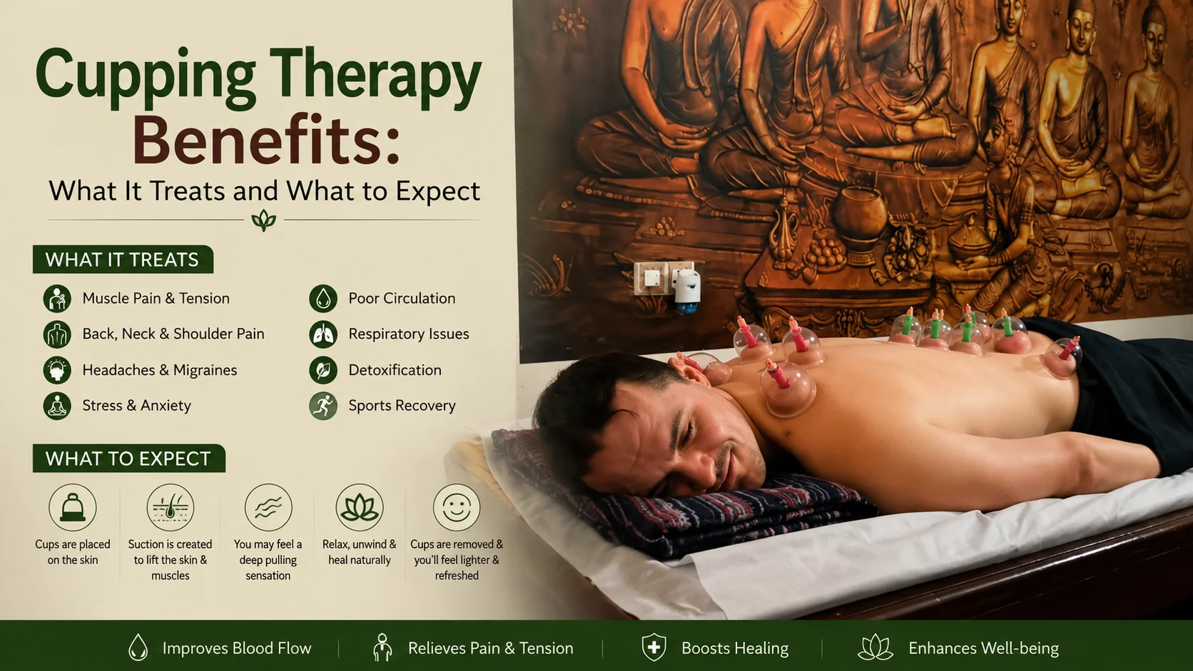 Ayurvedic cupping therapy treatment being performed on a client's back
