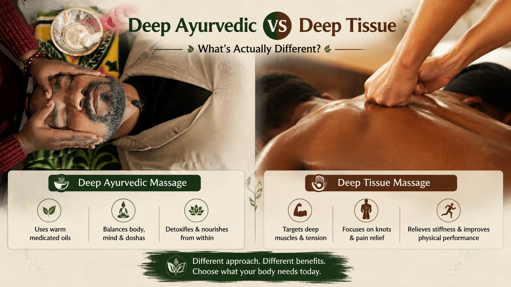 Deep Ayurvedic massage treatment compared to deep tissue massage in Rishikesh