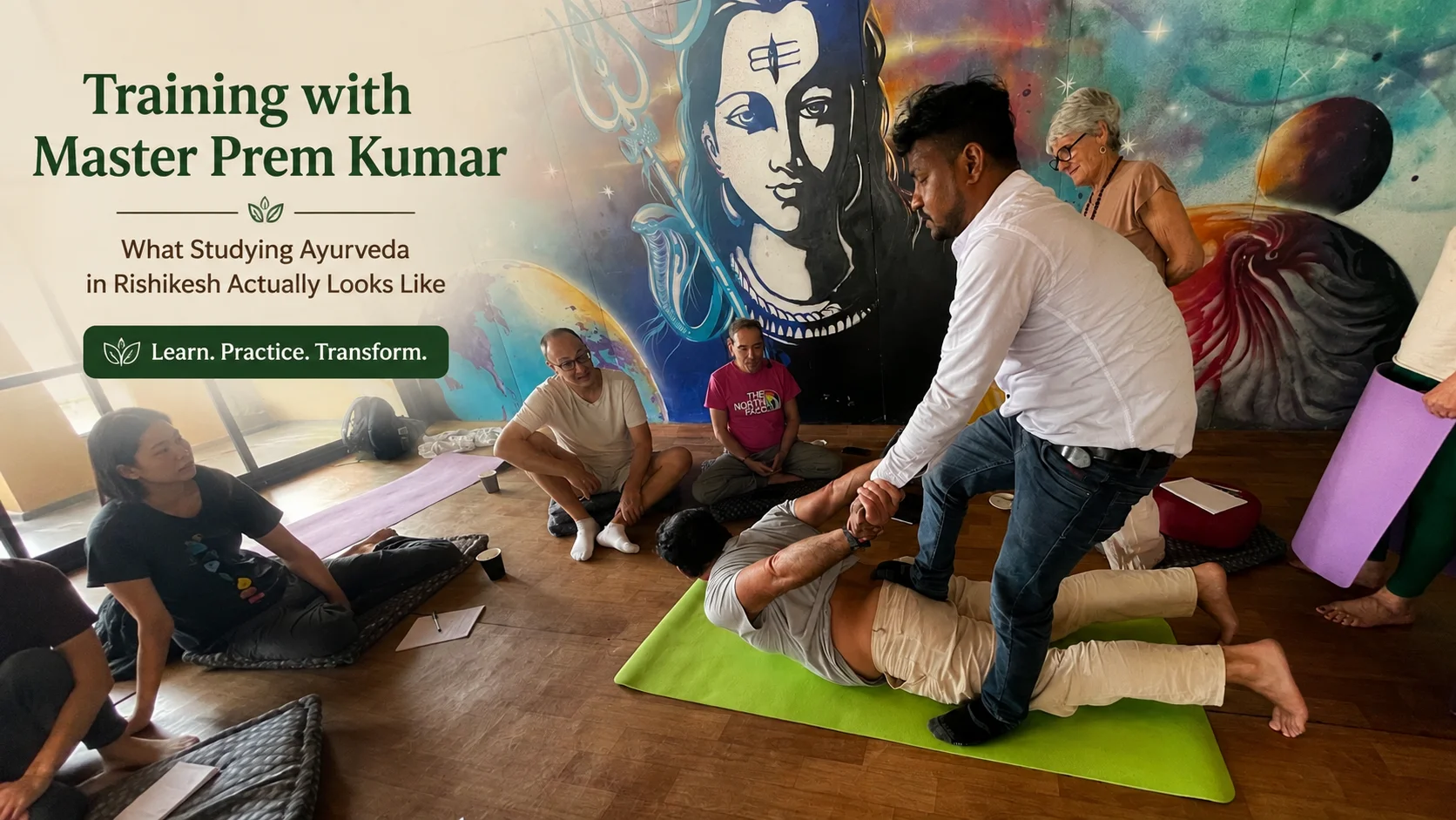 Master Prem Kumar teaching Ayurvedic massage training in Tapovan, Rishikesh